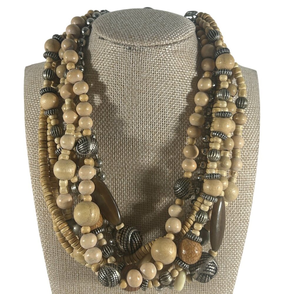 Multi Strand Beaded Necklace Wood Metal Brown Silver Tone Tribal Boho Earth Tone - Picture 2 of 9